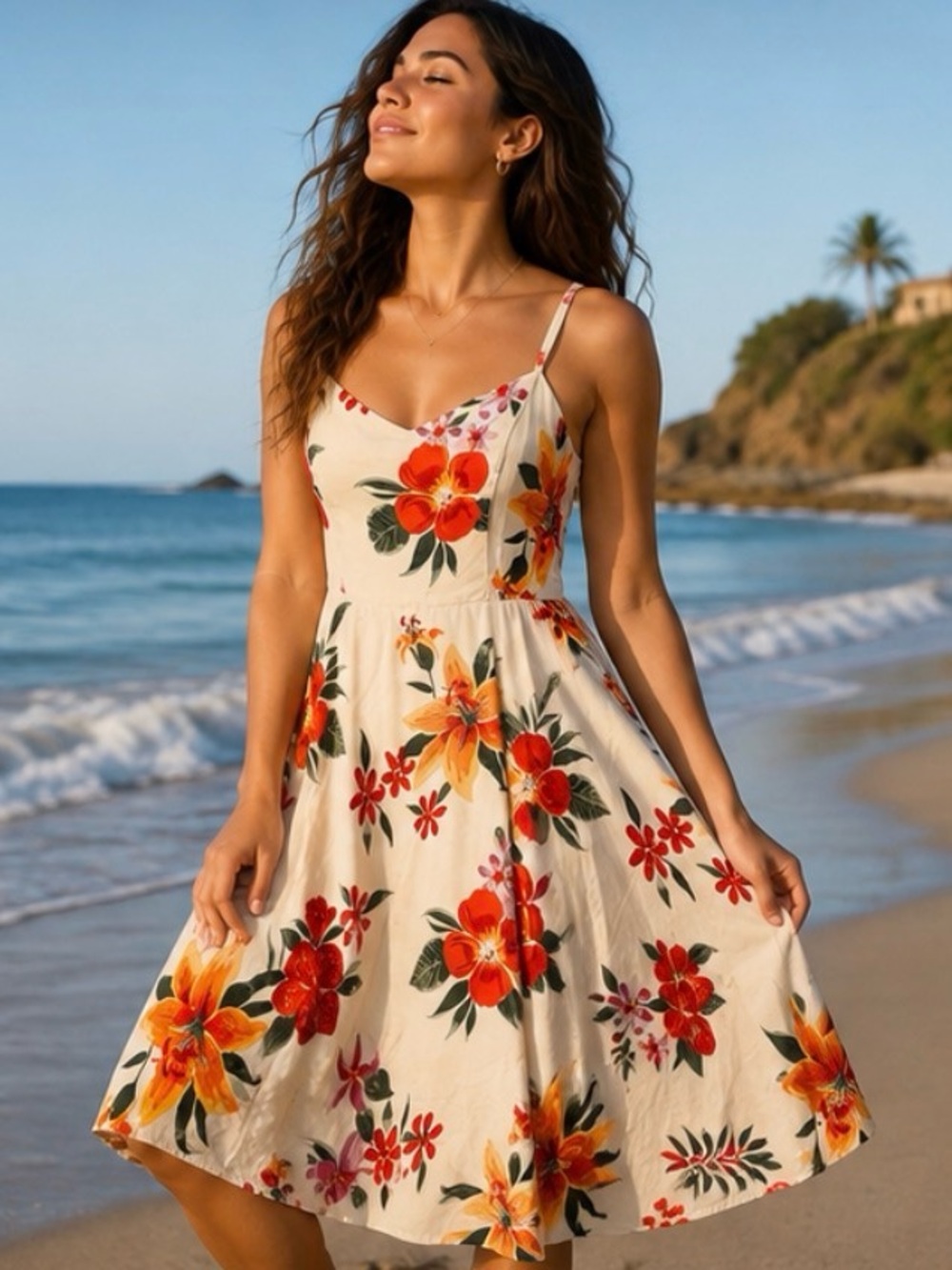 Floral Cream Sundress with Red & Orange Blooms